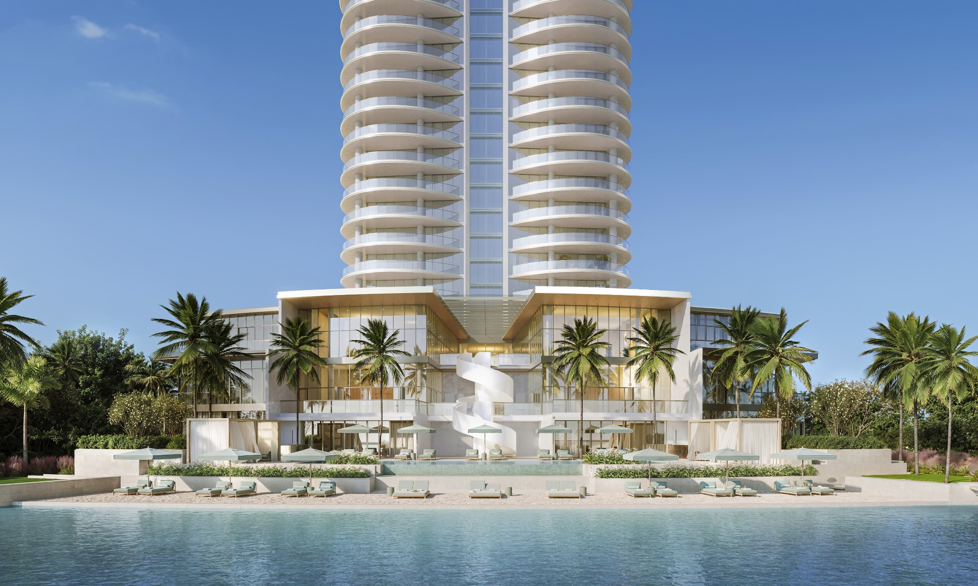 Mandarin Oriental Residences tower podium with beachfront pool