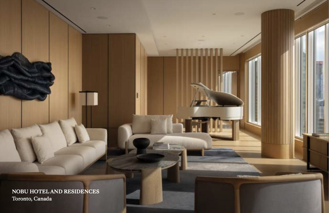 Nobu Hotel and Residences Toronto living lounge with grand piano and warm timber millwork — Studio Munge