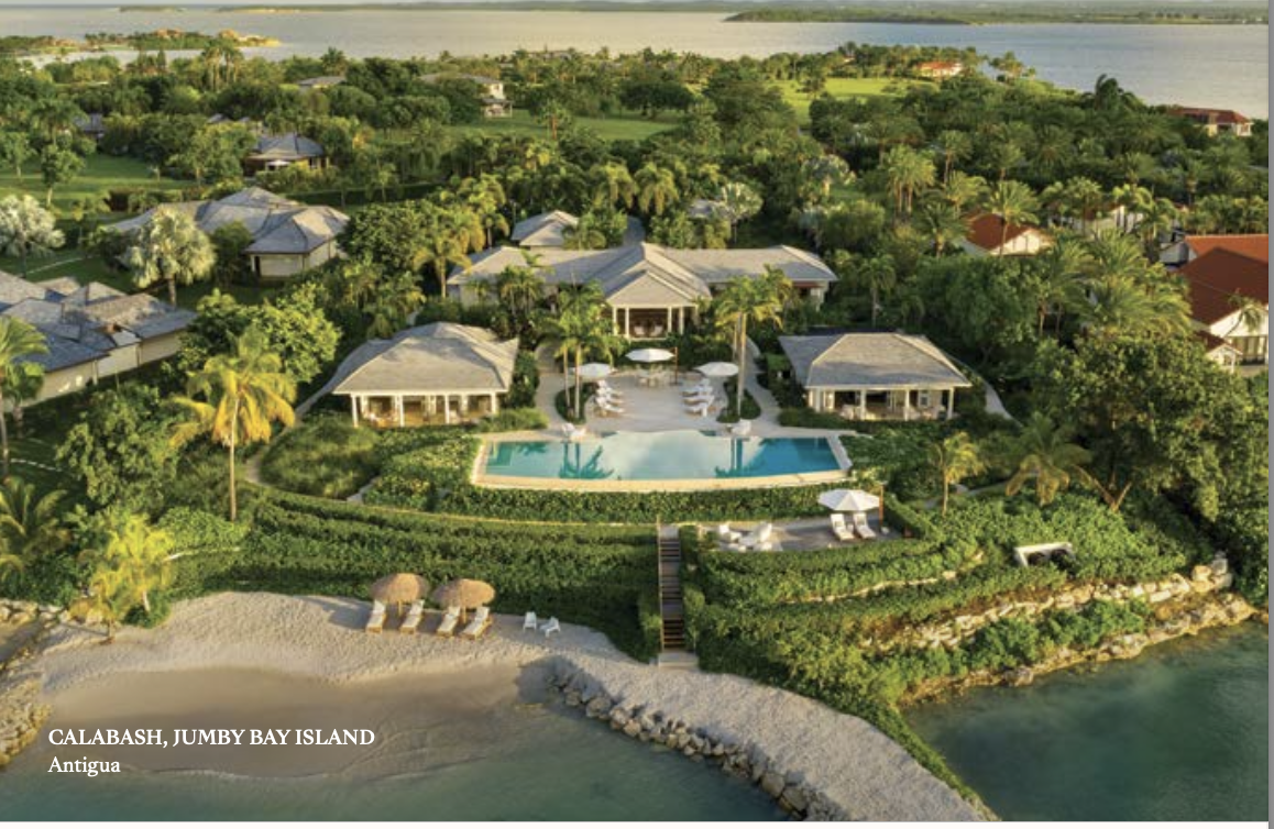 Aerial of Calabash villa on Jumby Bay Island, Antigua — manicured tropical landscape by Enea
