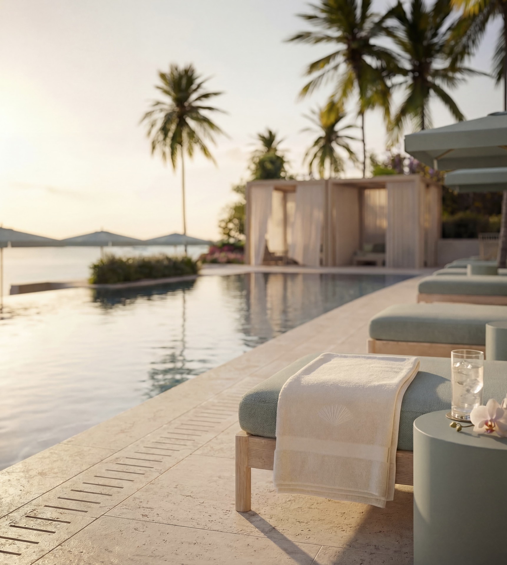 Resident pool deck at sunset with chaises, cabanas, and waterfront palms
