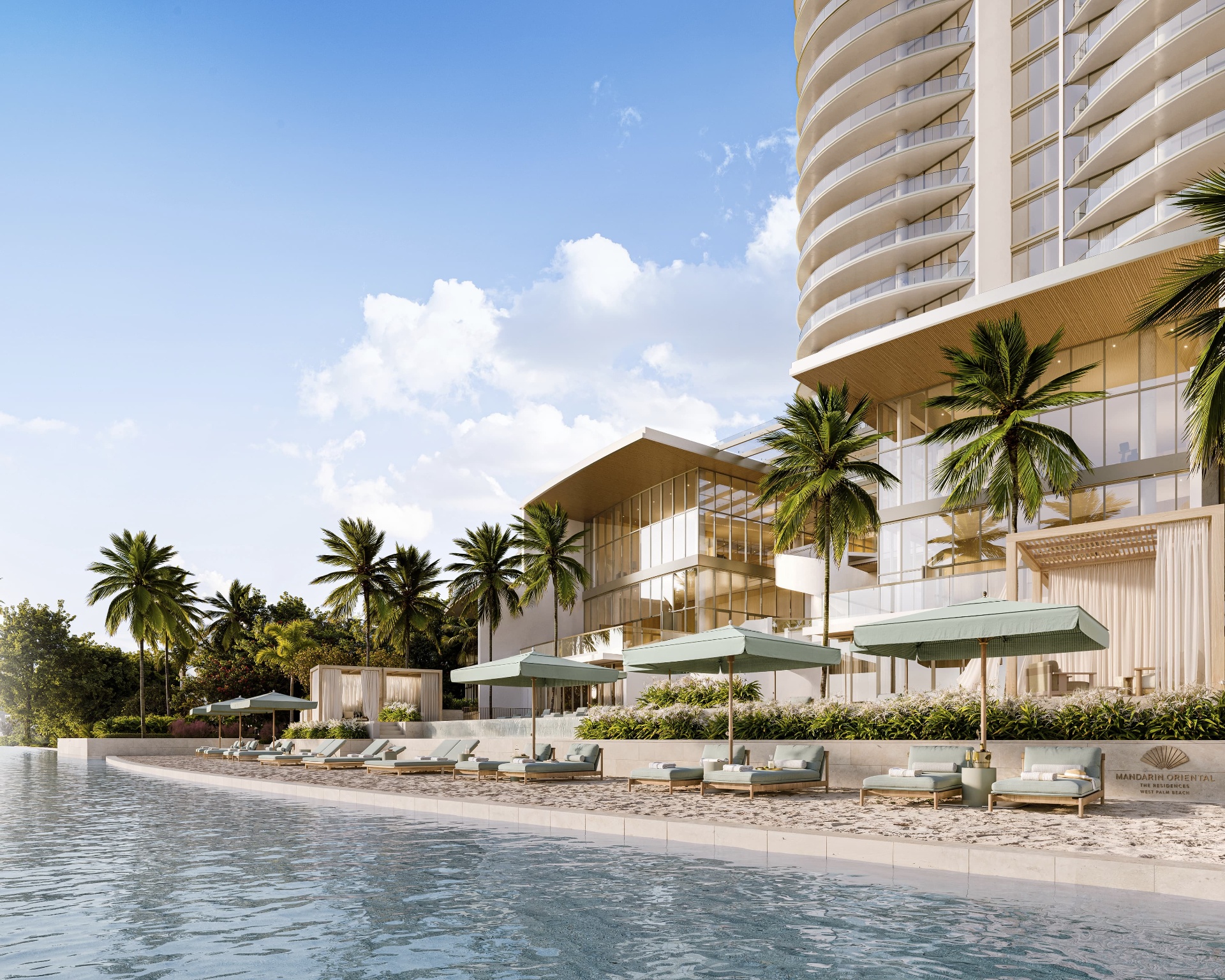 Mandarin Oriental Residences West Palm Beach beachfront pool, cabanas, and tower